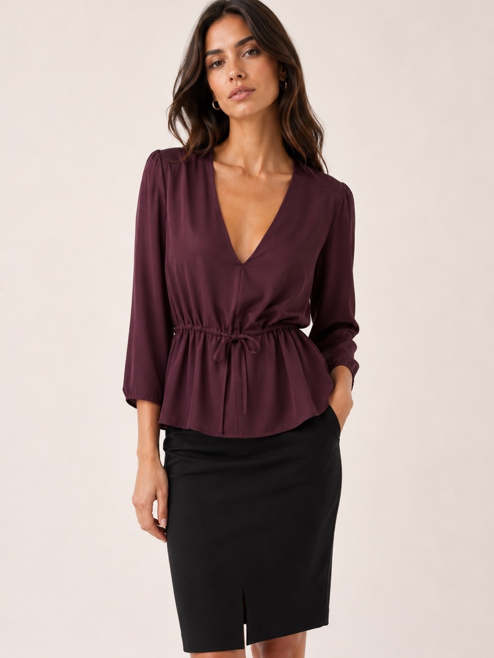 Aritzia Wilfred Burgundy V-Neck 3/4 Sleeve Blouse Sz XXS